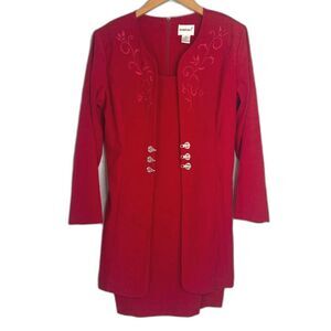 Fashion Bug Power Red Velvet Attached Embroidered Jacket‎ Dress Sz 10P